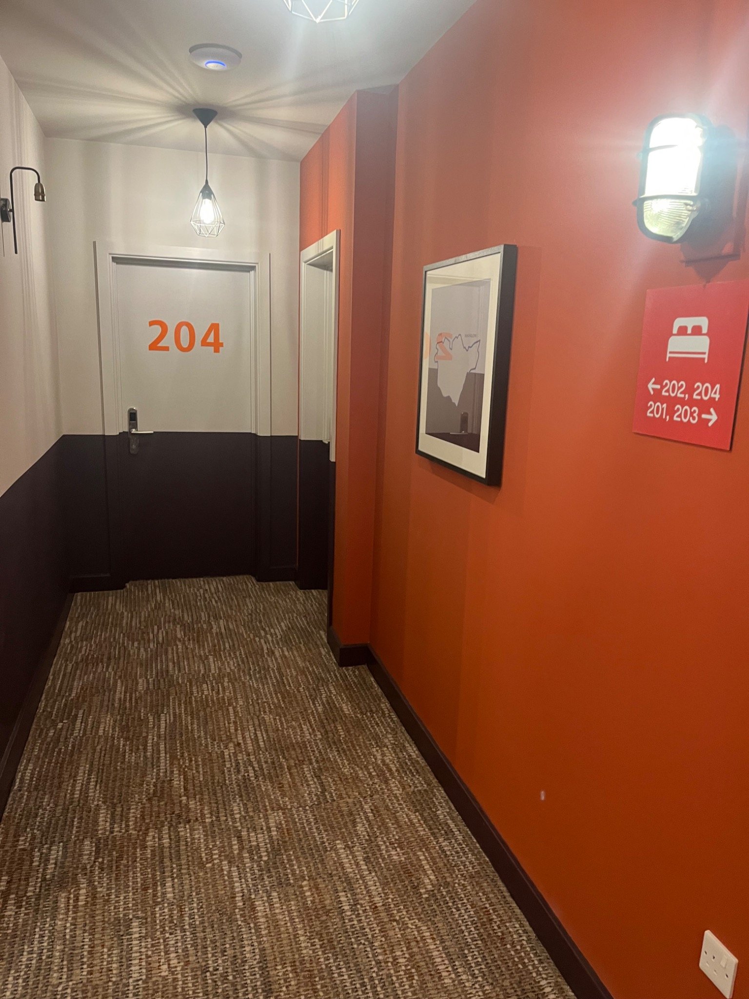 Freshly painted hallway with orange feature wall and room 204 door